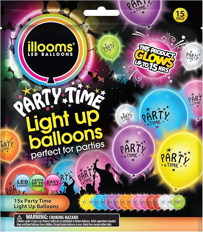 illooms Party Time Light Up Balloons 15 Pack Mixed Colour Printed