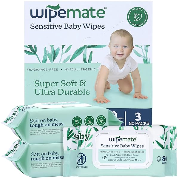 WIPEMATE EWG-VERIFIED PREMIUM UNSCENTED BABY WIPES, 99% WATER-BASED, PLASTIC-FREE, ULTRA-SOFT PLANT-BASED WIPE, CHLORINE & ALCOHOL-FREE, PH-BALANCED, HYPOALLERGENIC, DURABLE FLIP-TOP LID (240-CT)
