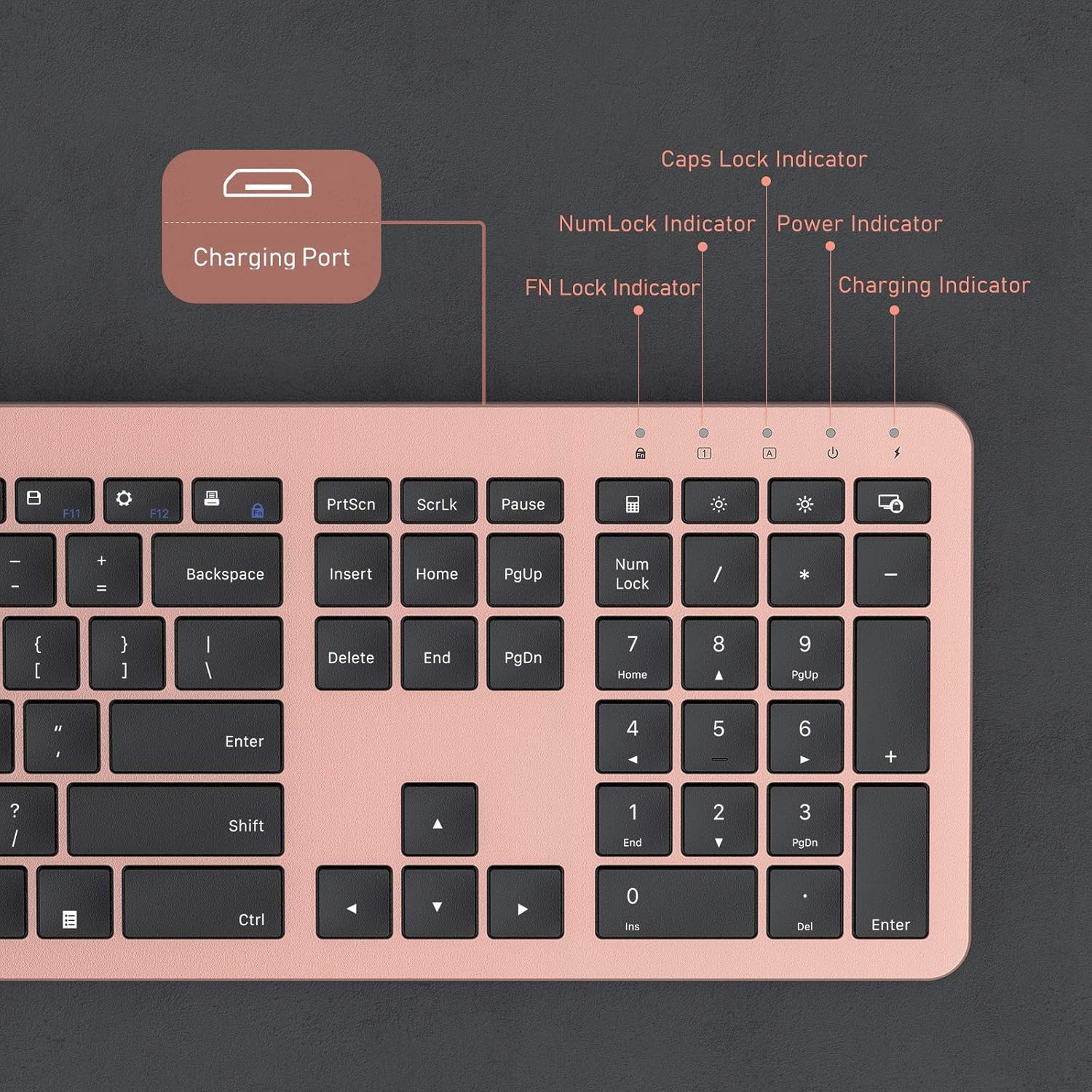 seenda Rechargeable Wireless Keyboard Mouse Combo Full Size Cordless Keyboard & Mouse Sets with Build-in Lithium Battery Ultra Thin Quiet Keyboard Mice (Rose Gold & Black)