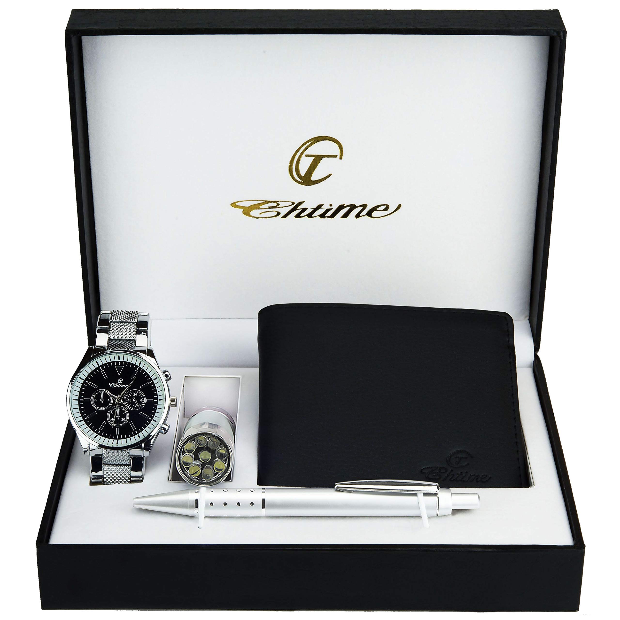 Gift Set Men's Watch Black - LED Lamp LED - Wallet -Pen