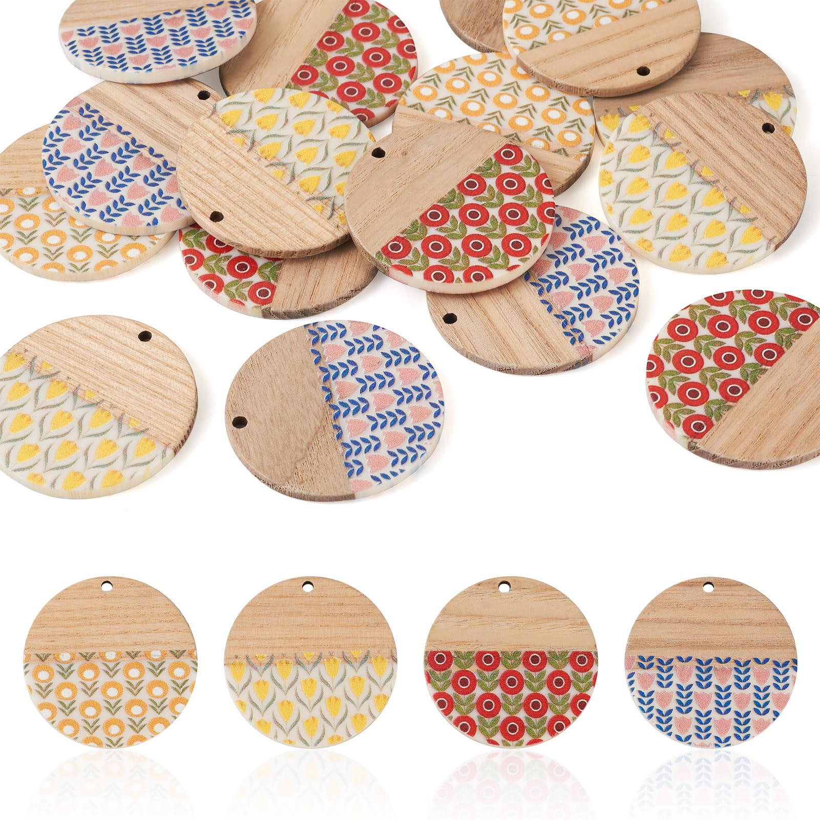 PH PandaHall Pandahall 16Pcs Resin Wooden Pendants Flat Round Charm with Flower Pattern Geometry Resin Wood Pendants for DIY Earrings Jewelry Making
