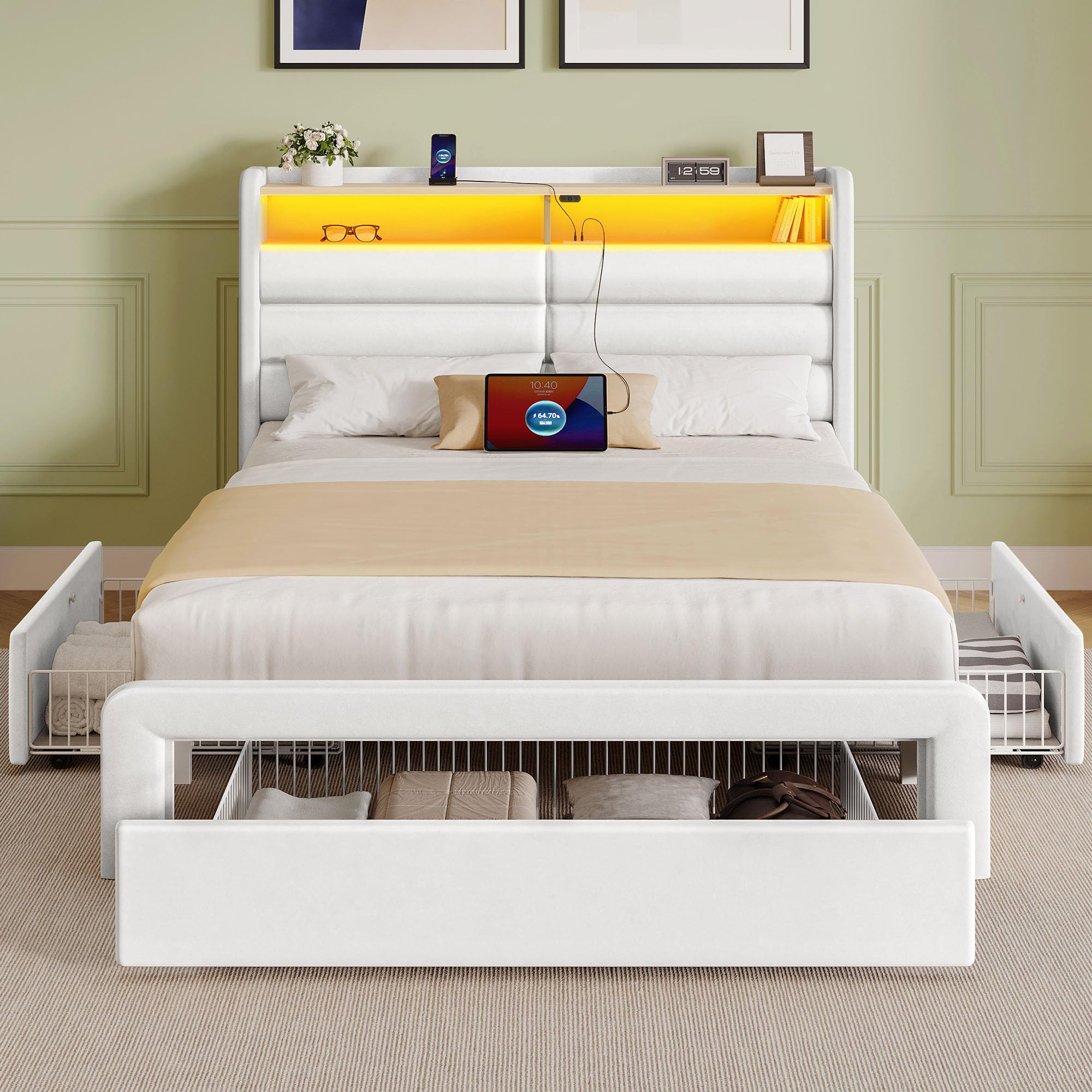 Seventable Twin Size Bed Frame with 3 Storage Drawers & Charging Station, Upholstered Platform Bed with Storage Headboard and LED Light, No Box Spring Needed, Noise Free, Easy Assembly, Cream White Image