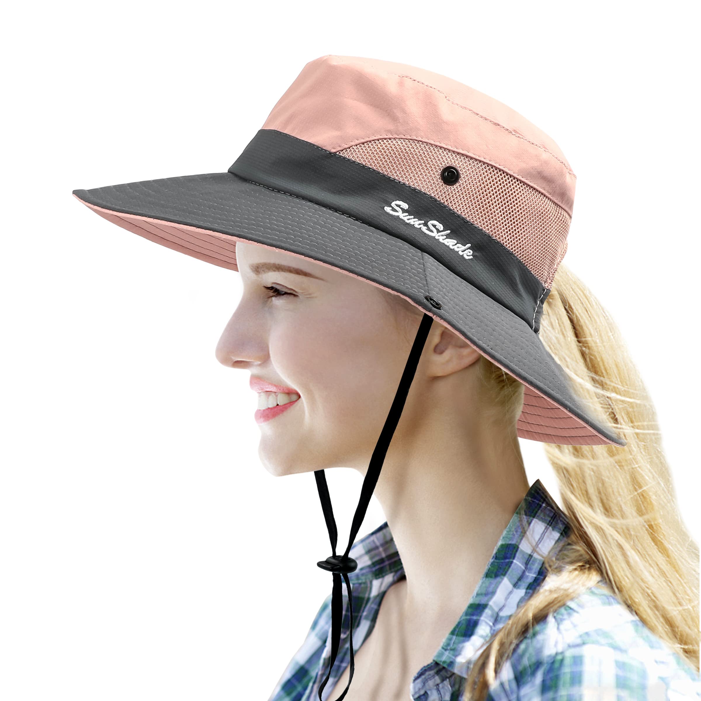 Photo 1 of Womens Sun Hat with Ponytail Hole Sun Shade Hat UV Protection Foldable Mesh Wide Brim Beach Hiking Fishing Hat for Women (Pink)