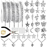 Pokuta 376pcs Necklace Chain for Jewelry Making, 16.4ft 5 Rolls Silver Plated Chains, Jewelry Making Accessories with Charm Pendants Jump Rings Lobster Clasps Pliers for DIY Necklace (Silver)