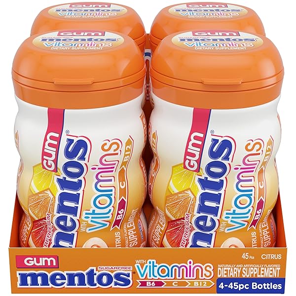 MENTOS GUM WITH VITAMINS, SUGAR FREE CHEWING GUM WITH XYLITOL, CITRUS FLAVOR, VITAMINS B6, B12 AND C, BOTTLE OF 45 (BULK PACK OF 4)
