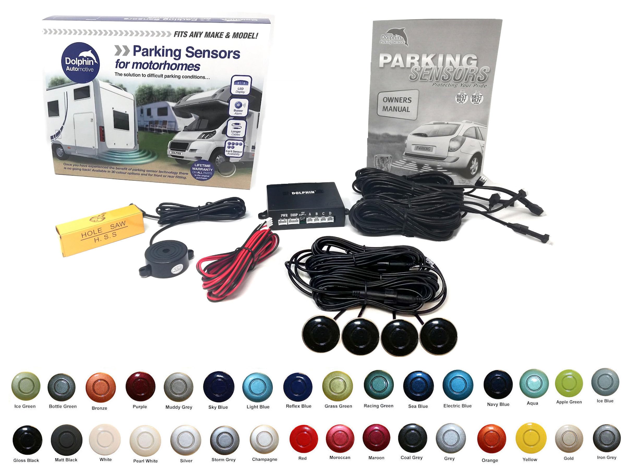 Dolphin Automotive MPS400 Motorhome Camper Van RV Reverse Parking Sensors WIth Audio Buzzer Black, Silver,White, Grey (Gloss Black)