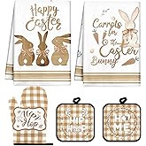 Mindsoft 5 Pcs Easter Kitchen Towels Oven Mitts and Pot Holder Set 2 Easter Bunny Dish Towels 2 Square Potholders 1 Heat Resistant Glove for Kitchen Cooking Baking Cleaning Gifting