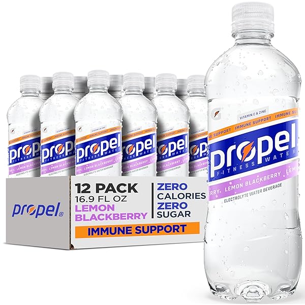 PROPEL IMMUNE SUPPORT ELECTROLYTE ENHANCED WATER SPORTS DRINK, LEMON BLACKBERRY FLAVORED WATER, 100% DV VITAMIN C + ZINC, ZERO CALORIE & ZERO SUGAR HYDRATION WITH ELECTROLYTES AND VITAMINS, 16.9 FL OZ WATER BOTTLES (12 PACK)