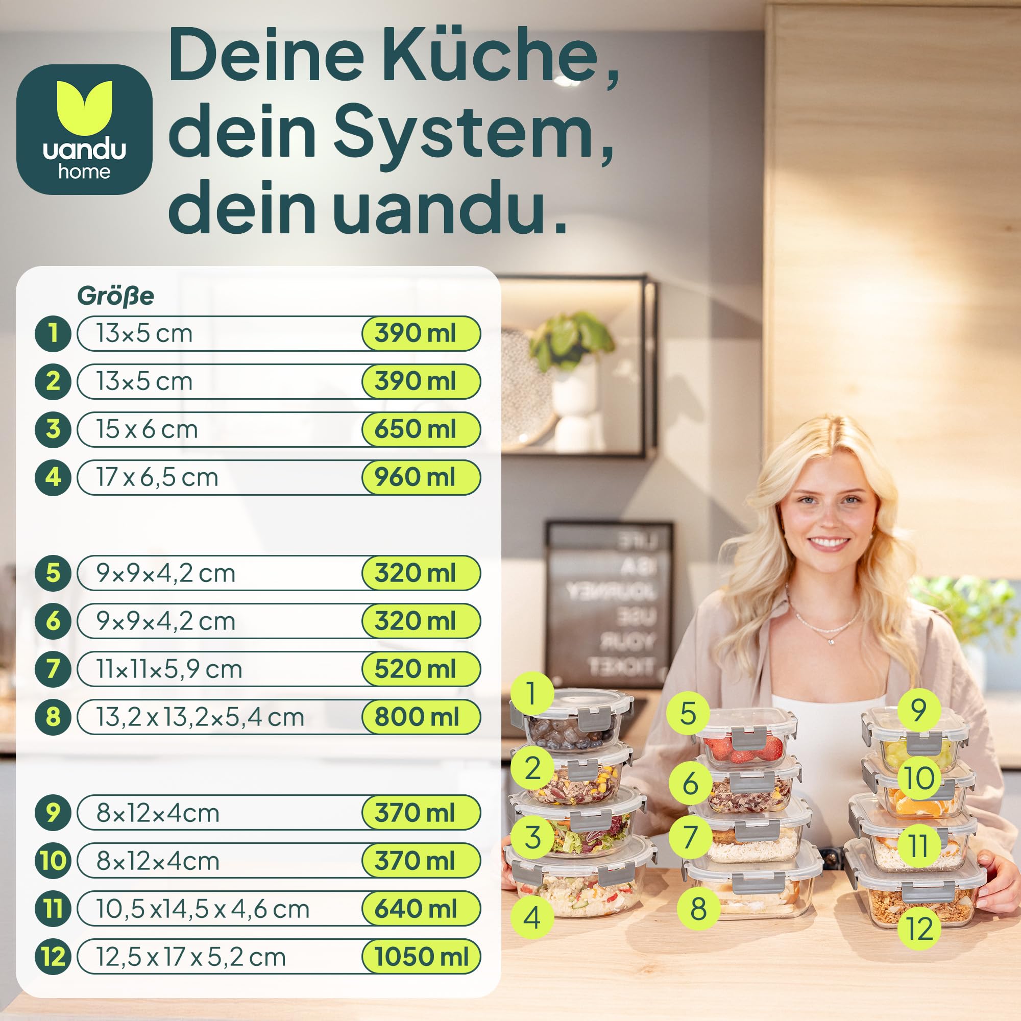 uandu Glasbehälter mit Deckel, 24- teilig, Borosilikatglas mit Deckel, Meal prep Gläser, Frischhaltedosen Glas mit Deckel, Glasdosen mit Deckel Set, Meal prep Boxen Glas (12 Behälter, 12 Deckel) 2
