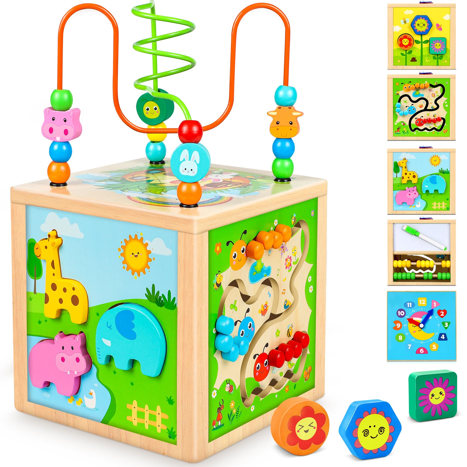 Jojoin Wooden Activity Cube - Montessori Toy for 1-3 Year Old Boys Girls With Bead Maze, Shape Sorter, Abacus - Sensory 1st Birthday Gift, HW00713