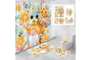 Litabel 4 Pcs Sping Gnomes Shower Curtain Set with Non-Slip Rugs, Toilet Lid Cover and Bath Mat, Boho Floral Bathroom Decor Set with Shower Curtain and Rugs(Hooks Not Included)
