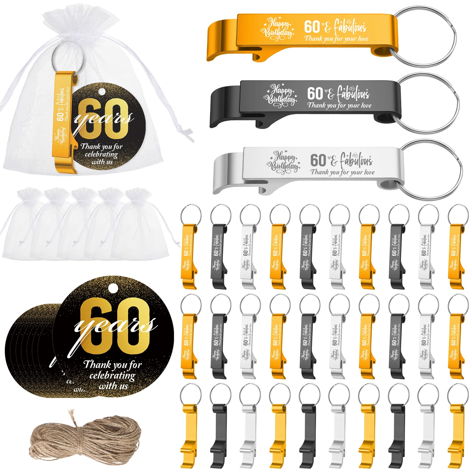 Photo 1 of Dandat 54 Sets 60th Birthday Party Favors for Guests Birthday Beer Opener Keychain Cheers to 60 Bottle Opener Keychain with Thank You Cards and Gift Bags for Anniversary Wedding Party Favors