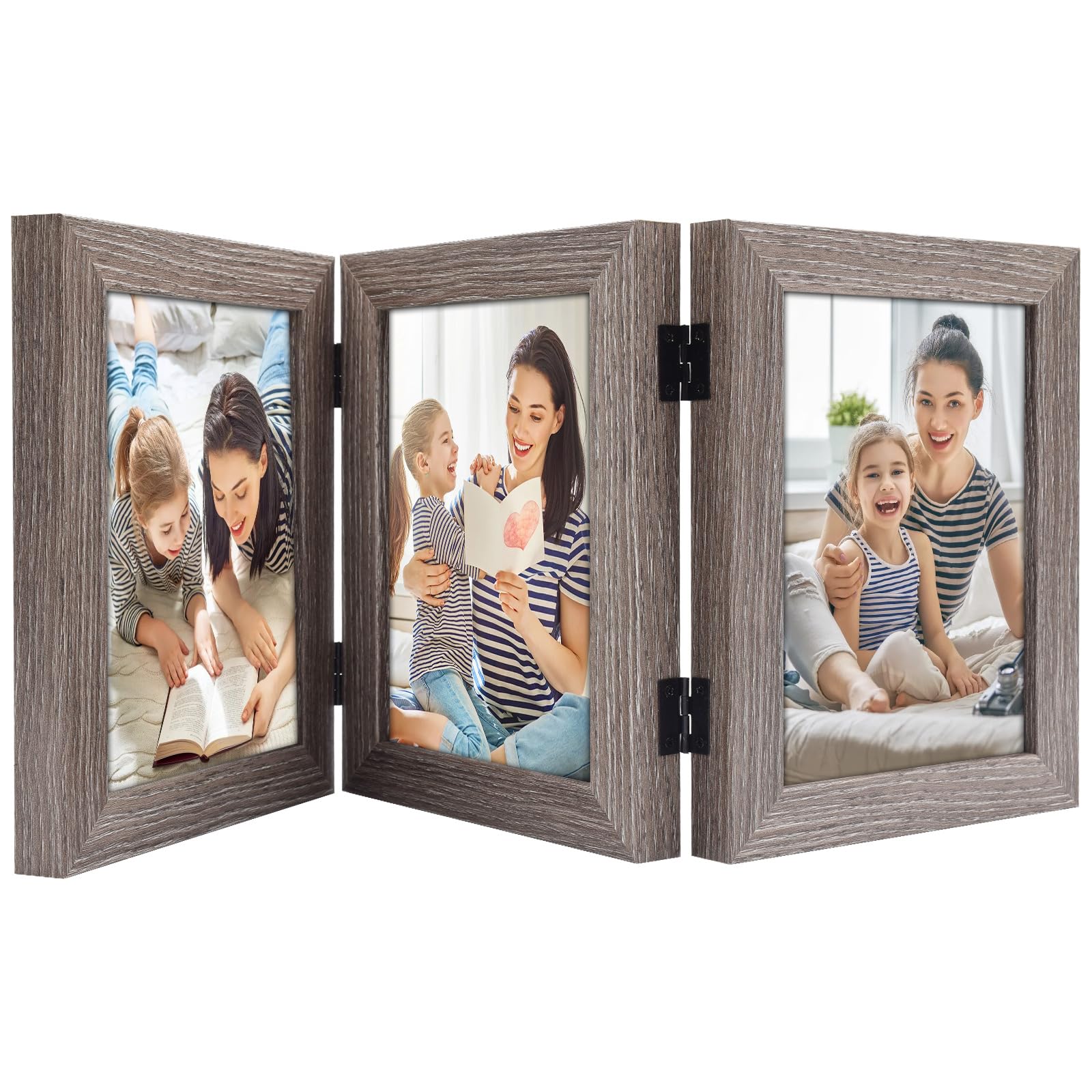 Golden State Art, 5x7 Triple Hinged Picture Frame, Three Photo Folding Frames, for Wedding Family Pictures Collage (Grey, Triple, 5x7)