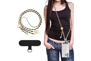 MoKo Universal Phone Lanyard, Adjustable Metal Cell Phone Chain Crossbody Strap Anti-Theft Detachable Women Cellphone Lanyards Around the Neck with Patches for iPhone, Most Smartphones,Black
