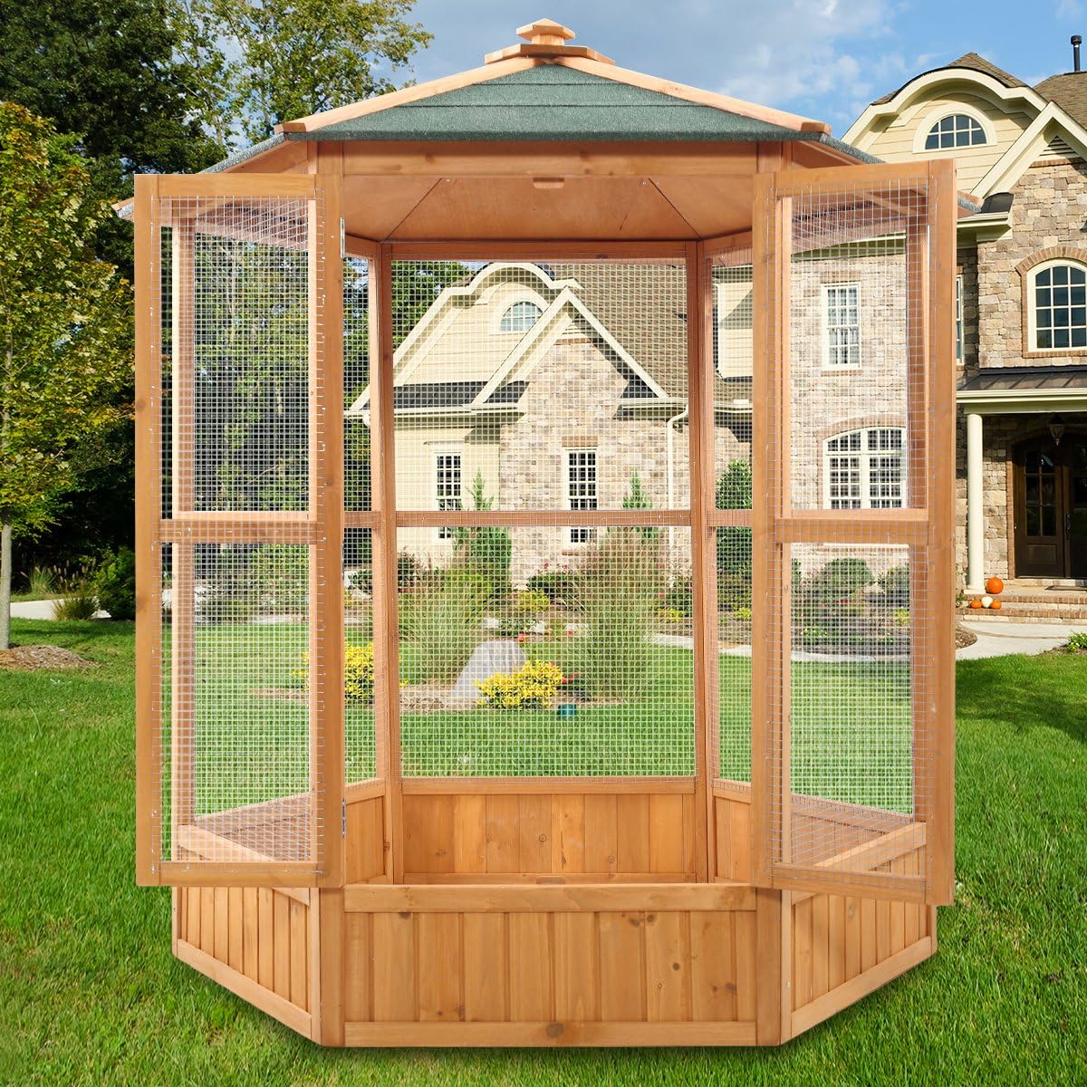 53" x 64" Walk-in Wooden Bird Aviary Hexagonal Bird House Cage for Birds Small Animals
