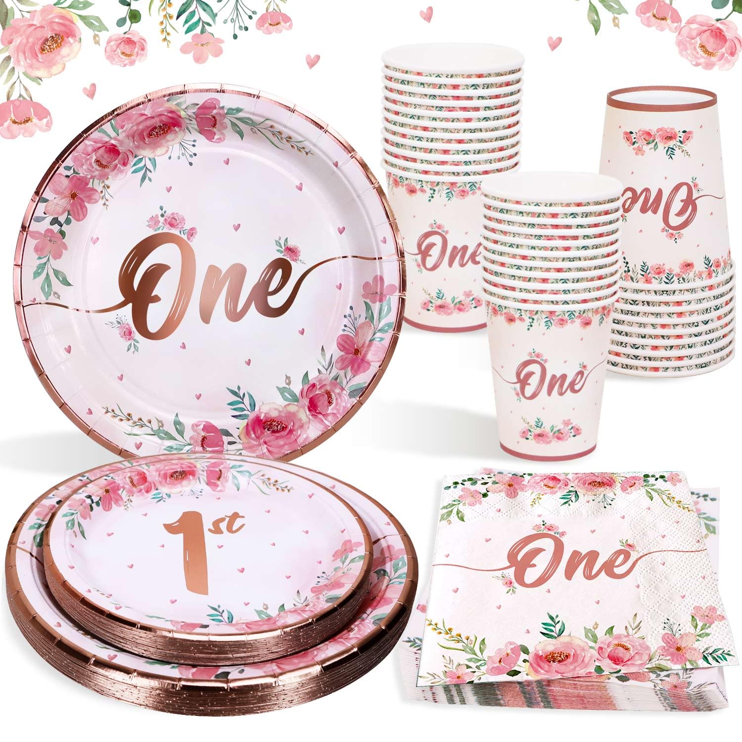 100Pcs First Birthday Decorations Girl Plates Set for 25 Guests, 1st Birthday Decorations Pink Floral Rose Gold Plates Cups Napkins 1st Girls Party Supplies