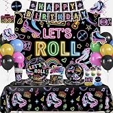 Xynic 210pcs Roller Skate Party Decorations Tableware Set, for 25 Guests | Pre-strung banner, Disposable 350g thick paper plates, HD printed cake decor, Waterproof tablecloth, Durable balloons