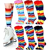 Unittype 6 Pair Rainbow Knee High Socks Women Colorful Striped Novelty Stockings Sports Long Tube Down Syndrome Socks