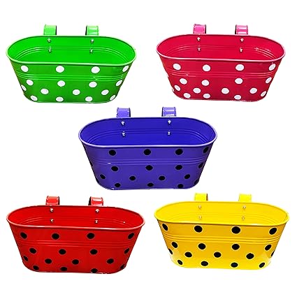 SHOPMEFAST Dotted Oval Railing Planters, Metal Hanging Planter, Flower Pots Modern Decorative Balcony Railing Planter Colourful Gardening Pot (Pack of 5 - Multicolor)