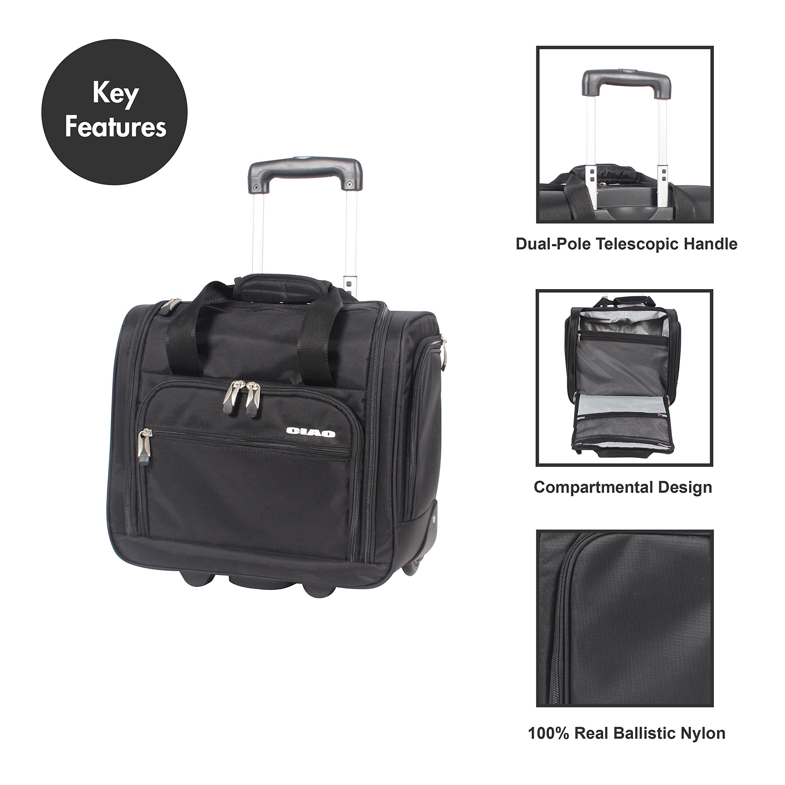 Ciao Luggage - 15 Inch Under Seat Bag - Carry On Suitcase with Rolling Wheels