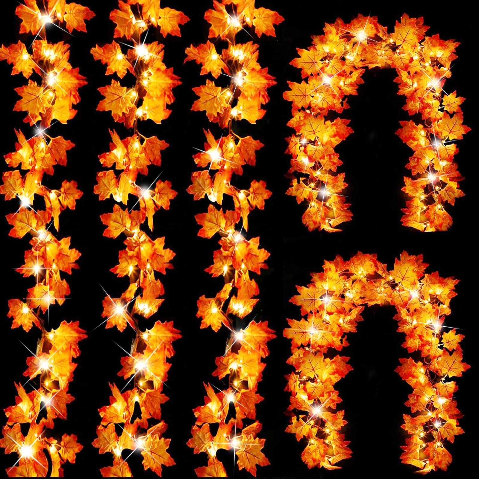 GBD Thanksgiving Decorations-5 Pack Total 50Ft 100LED Fall Garland with Lights Battery Operated Enlarged Maple Leaves Garlands for Fall Decorations for Home Christmas Halloween Indoor Outdoor Decor