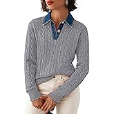 SAUKOLE Sweaters for Women Denim Lapel V Neck Buttons Closure Casual Long Sleeve Cable Knit Loose Pullover Sweater