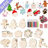 60PCS DIY Wooden Christmas Ornaments, Christmas Crafts for Kids Adults | Unfinished Natural Wood Ornament Making Kit, 12 Pre-Drawn Styles, Includes Bells & 12 Colored Pens, Holiday Crafts Activities