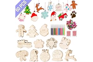 GUDELAK 60PCS DIY Wooden Christmas Ornaments, 12 Styles Christmas Crafts for Kids Adults with Ropes, 60 Bells and 12 Colored Pens, Unfinished Wood Ornaments Making Kit for Christmas Tree Decorations