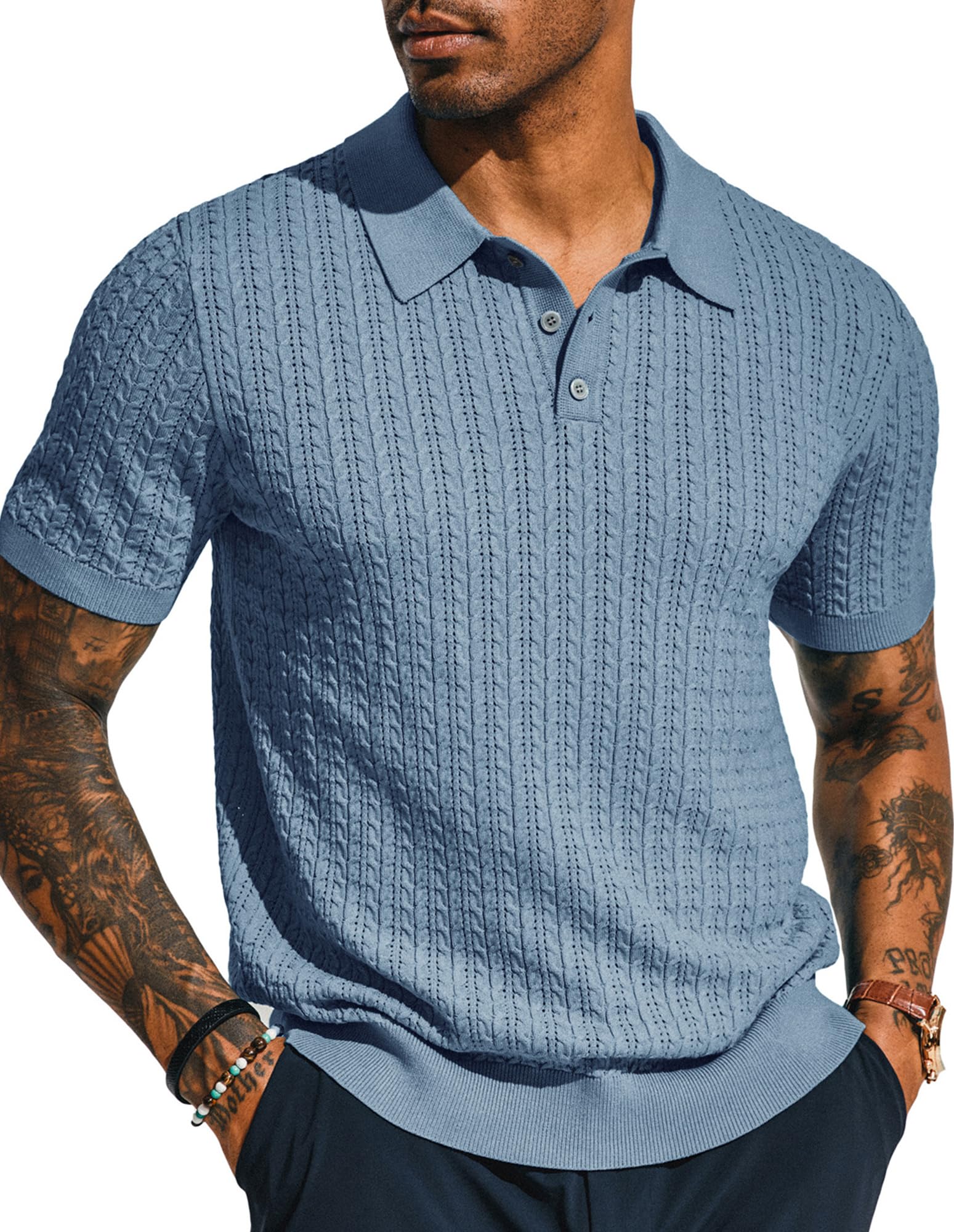 PJ PAUL JONES Mens Fashion Knit Shirts Short Sleeve Hollow Out Knit