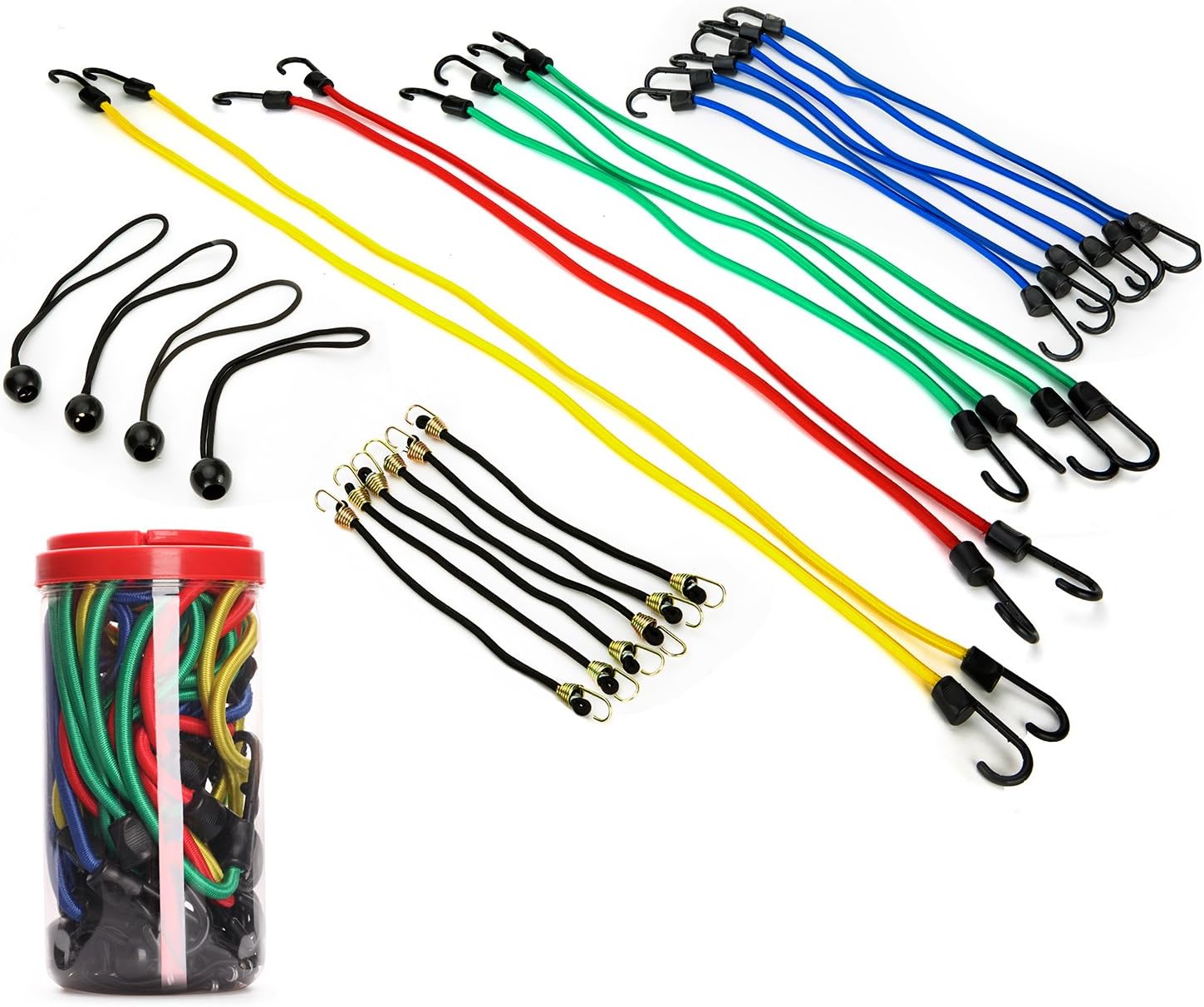 EFFICERE Best Choice 24-Piece Premium Bungee Cord Assortment in Storage Jar - Includes 10”, 18”, 24”, 32”, 40” Bungee Cords and 8” Canopy/Tarp Ball Ties - - 