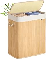 SONGMICS 100 L Laundry Basket with Lid, 2 Compartments, Bamboo, Foldable