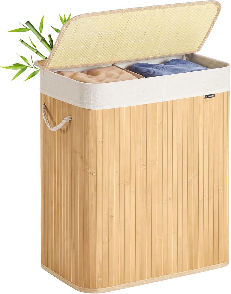 SONGMICS 100 L Laundry Basket with Lid, 2 Compartments, Bamboo, Foldable