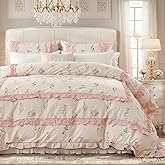 Cozaline Pink Ruffle Duvet Cover Set Queen Size 100% Washed Cotton Cute Floral Comforter Cover with Zipper Closure 3 Pieces Romantic Cottagecore Style Soft Bedding Set All Season