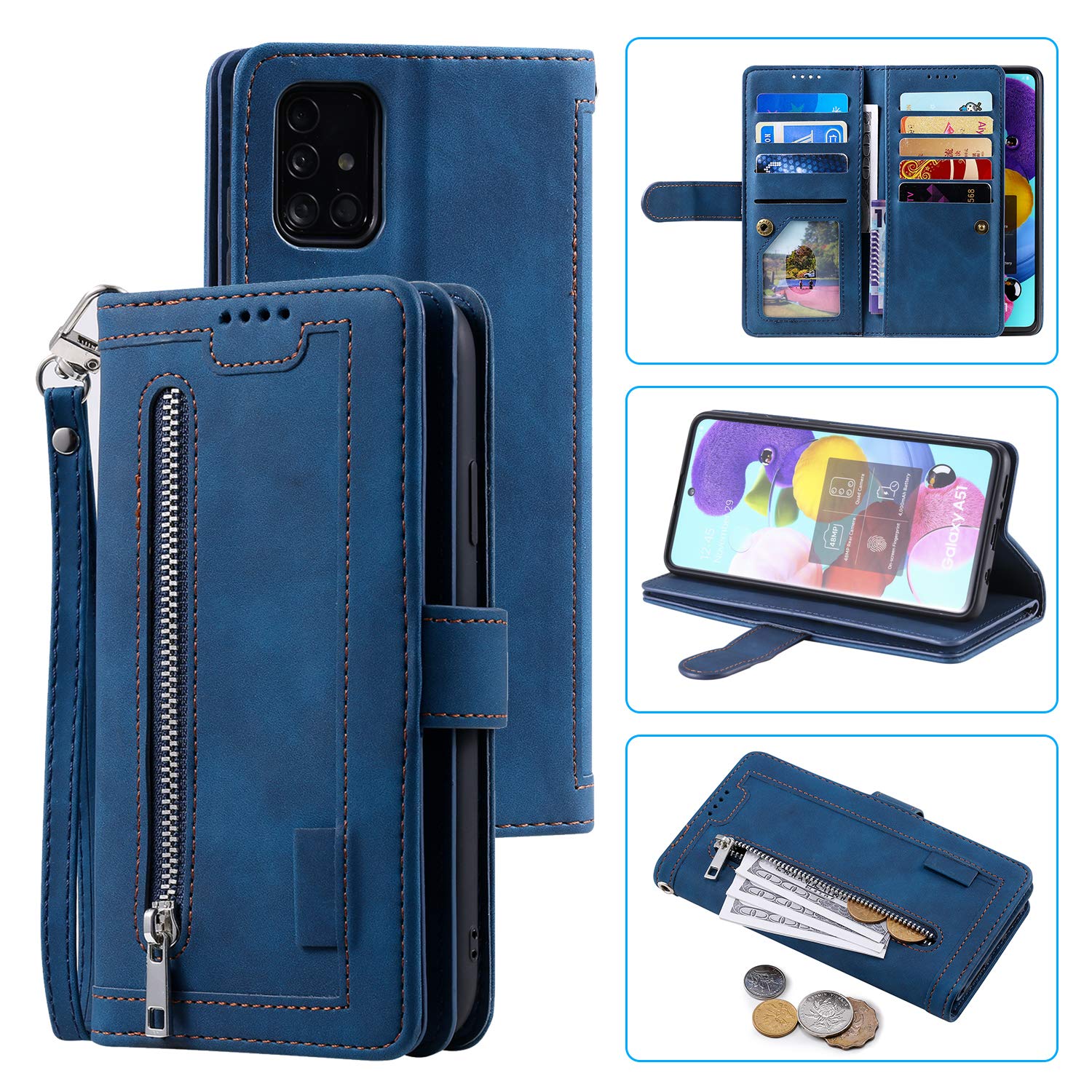 EYZUTAK Wallet Phone Case for Samsung Galaxy A51 (4G), Retro Matte 9 Card Holder Slots Zipper Pocket Case PU Leather Magnetic Closure Kickstand with Wrist Strap Shockproof Folio Flip Case - Blue