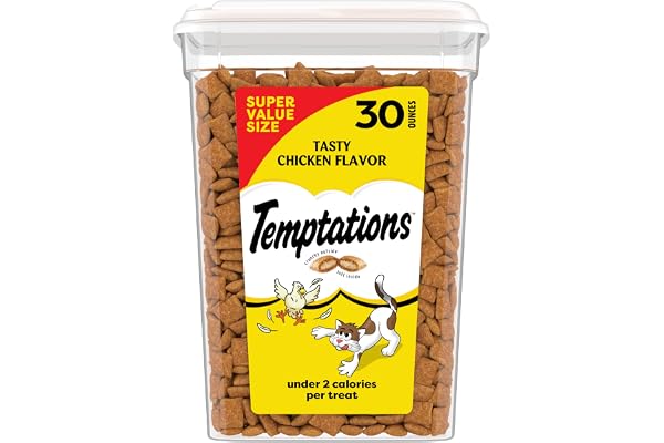 Temptations Classic Crunchy and Soft Cat Treats, Tasty Chicken, 30 oz | Under 2 calories per treat, crunchy outside & soft inside, resealable tub, use as meal or topper, 100% complete & balanced