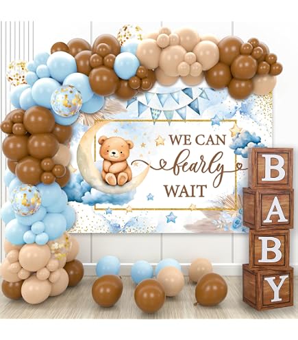 Teddy Bear Baby Shower Decorations Kit - 120 Balloons, Backdrop, Wood Boxes | Boho Neutral Theme Party Supplies