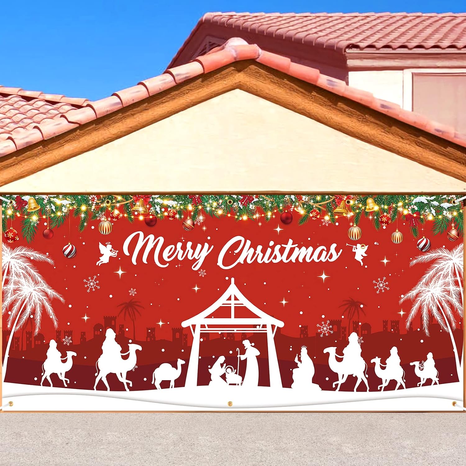 Garage Door Decorations - RUMIA Christmas Religious Garage Door Banner Decoration Large Merry Christmas Holy Door Banner Cover Backdrop for Christmas Eve New Year Winter Outdoor Indoor Background Sign 6 x 13 ft