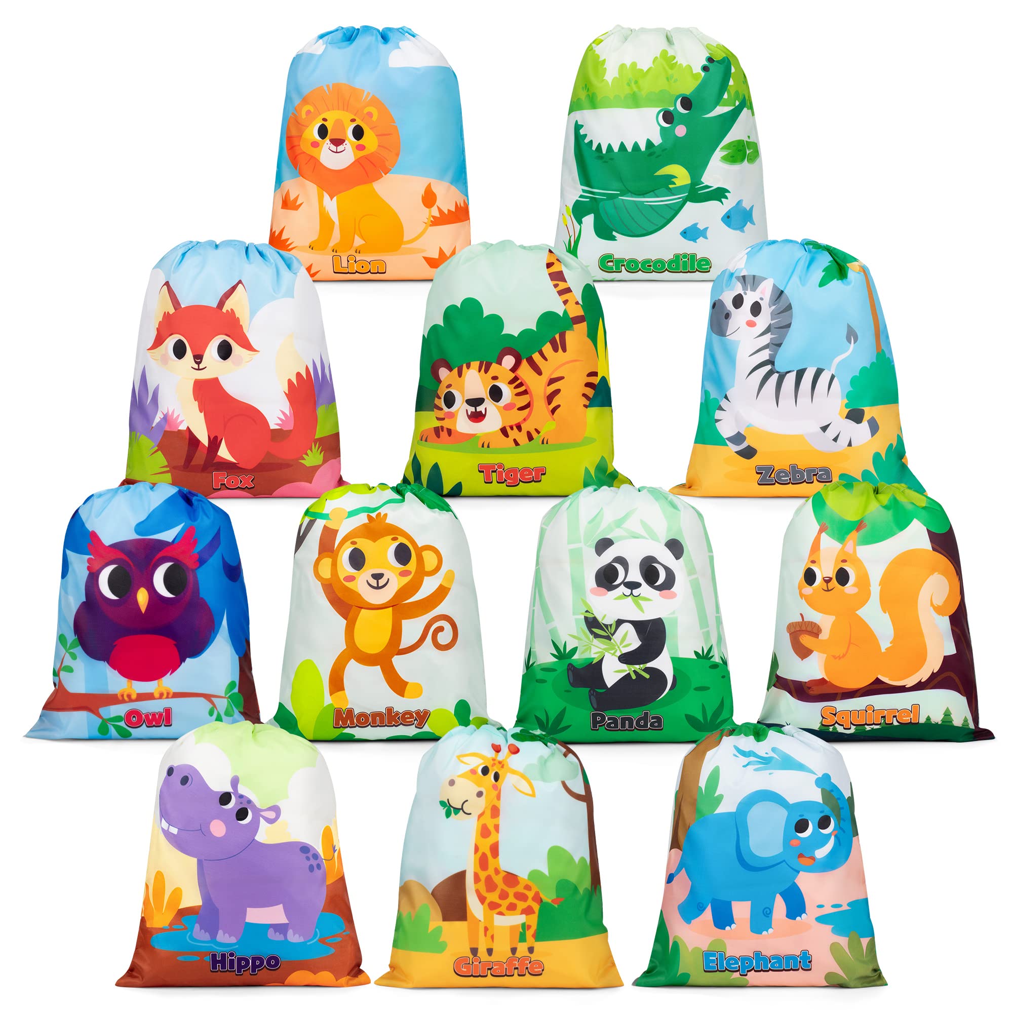 Mocoosy 12 Pack Animal Party Bags Drawstring Backpacks, Reusable Animal Drawstring Bags for Kids Gift Bags, Jungle Gift Goodie Loot Treat Bag for Boys Girls Birthday Party Supplies