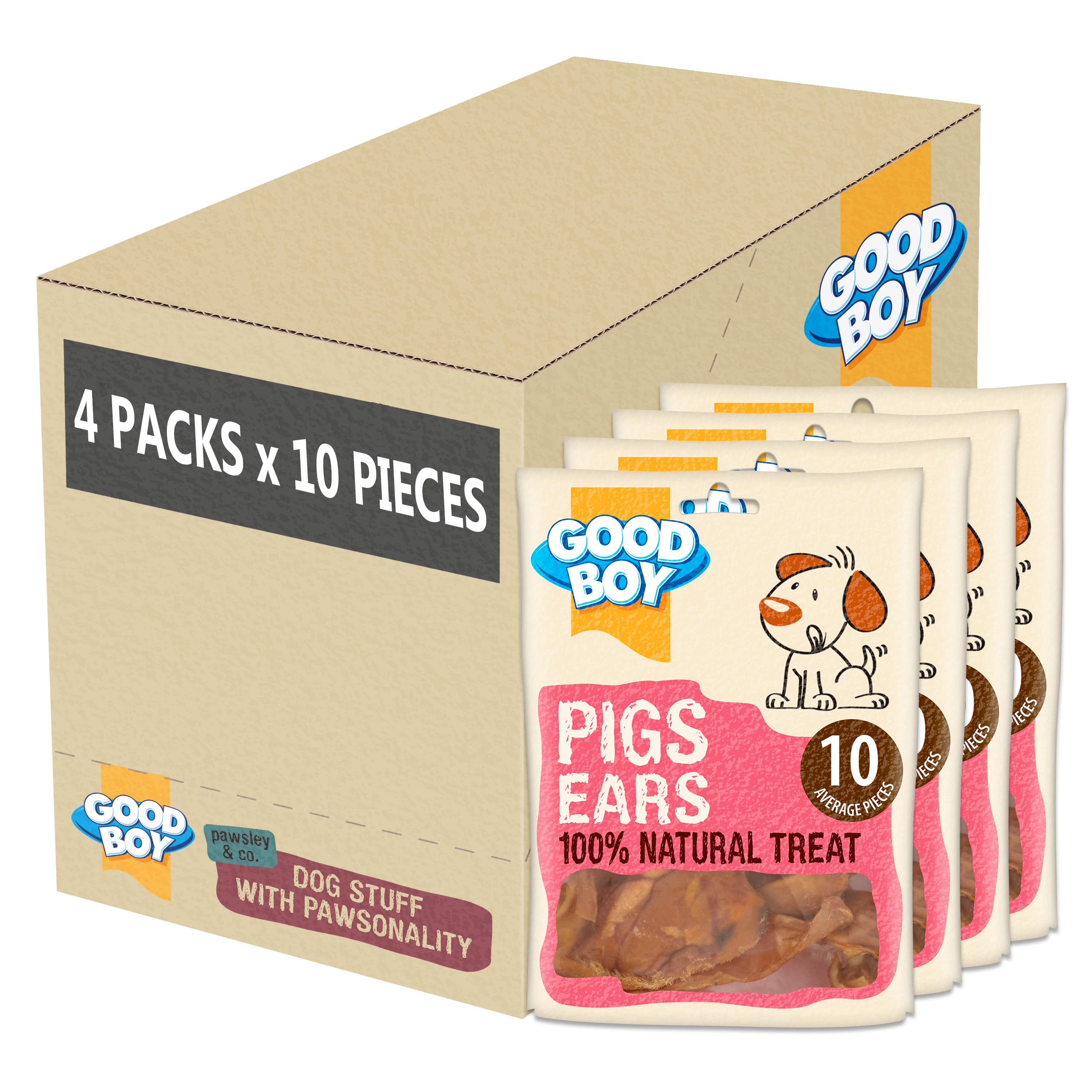 Good Boy - Pigs Ear Pieces - Dog Chew Treats - Absolutely No Artificial Nasties - 10 Pieces - 100 Percent Natural Dog Treats - Case of 4