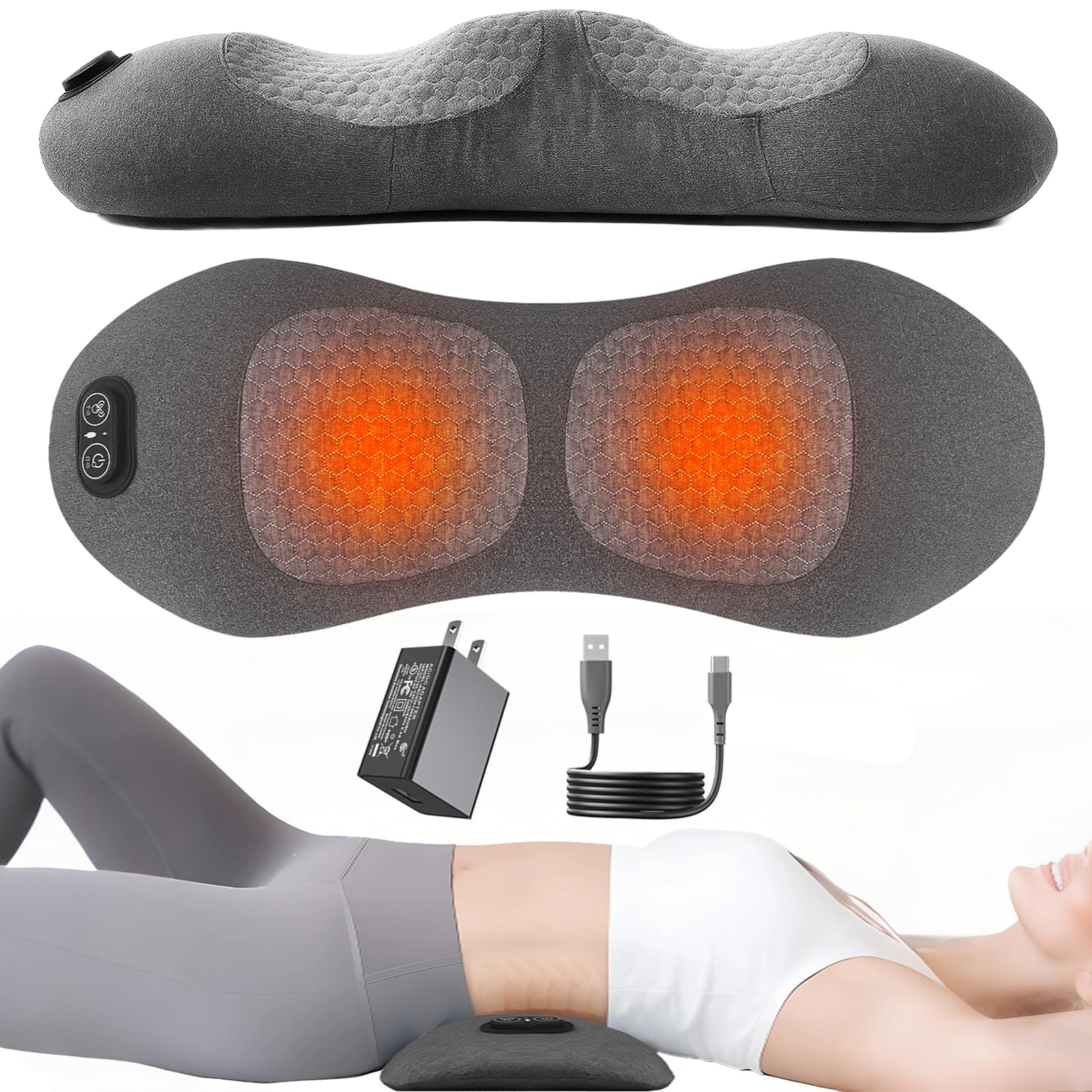 Photo 1 of Lewuyoya Plug-in 3 in 1 Lower Back Massager for Pain Relief Deep Tissue,Smooth Spine Triple Fusion Back Massager with Heat & Vibration & Traction, Electric Lumbar Support Pillow for Bed,Chair,Office