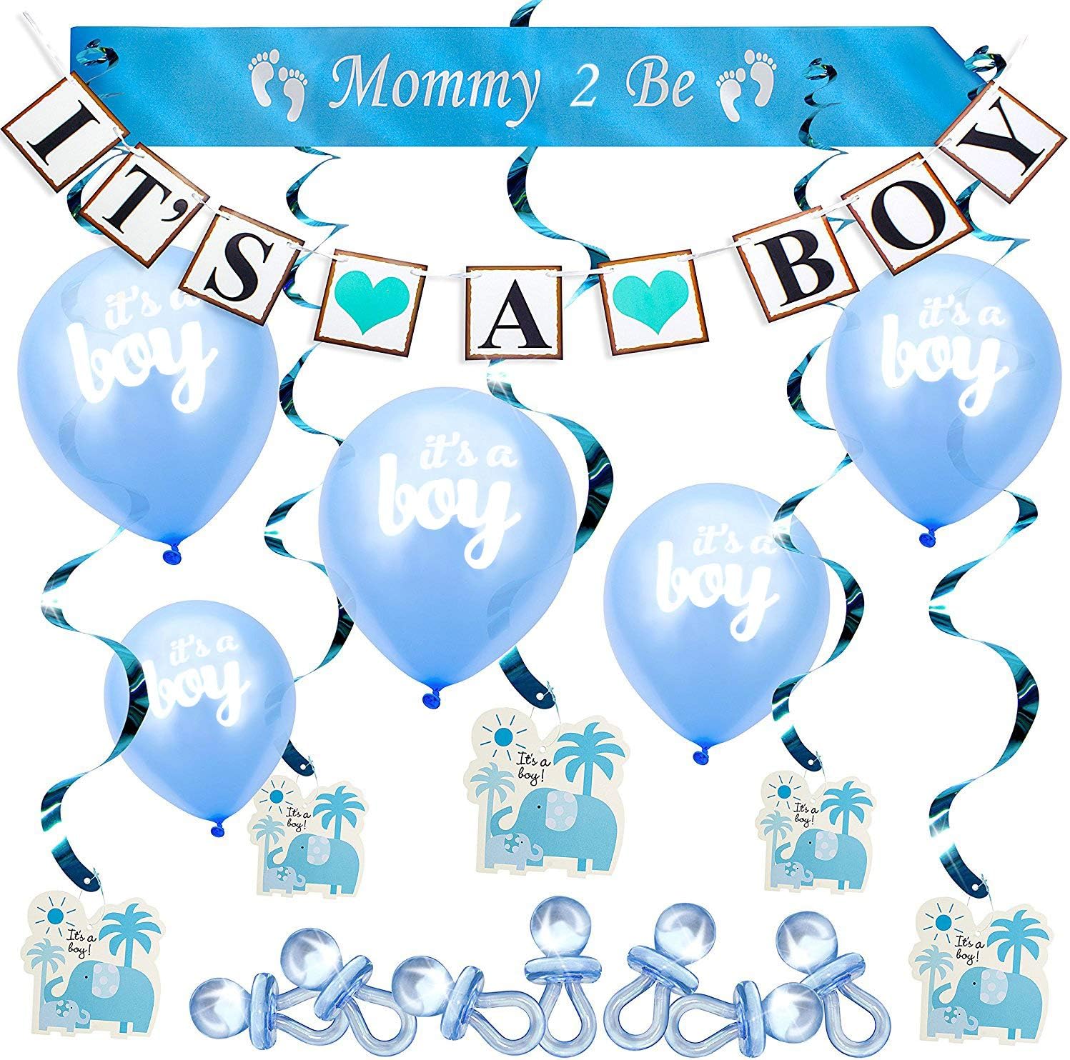 ARTIT Baby Shower Boy Blue Decorations Set Party Decor Bundle Supplies Kit with the Hottest Favors - It's a Boy Theme Banner Balloons Mommy Sash Elephant Cards Foil Swirls Large Acrylic Gift Pacifiers