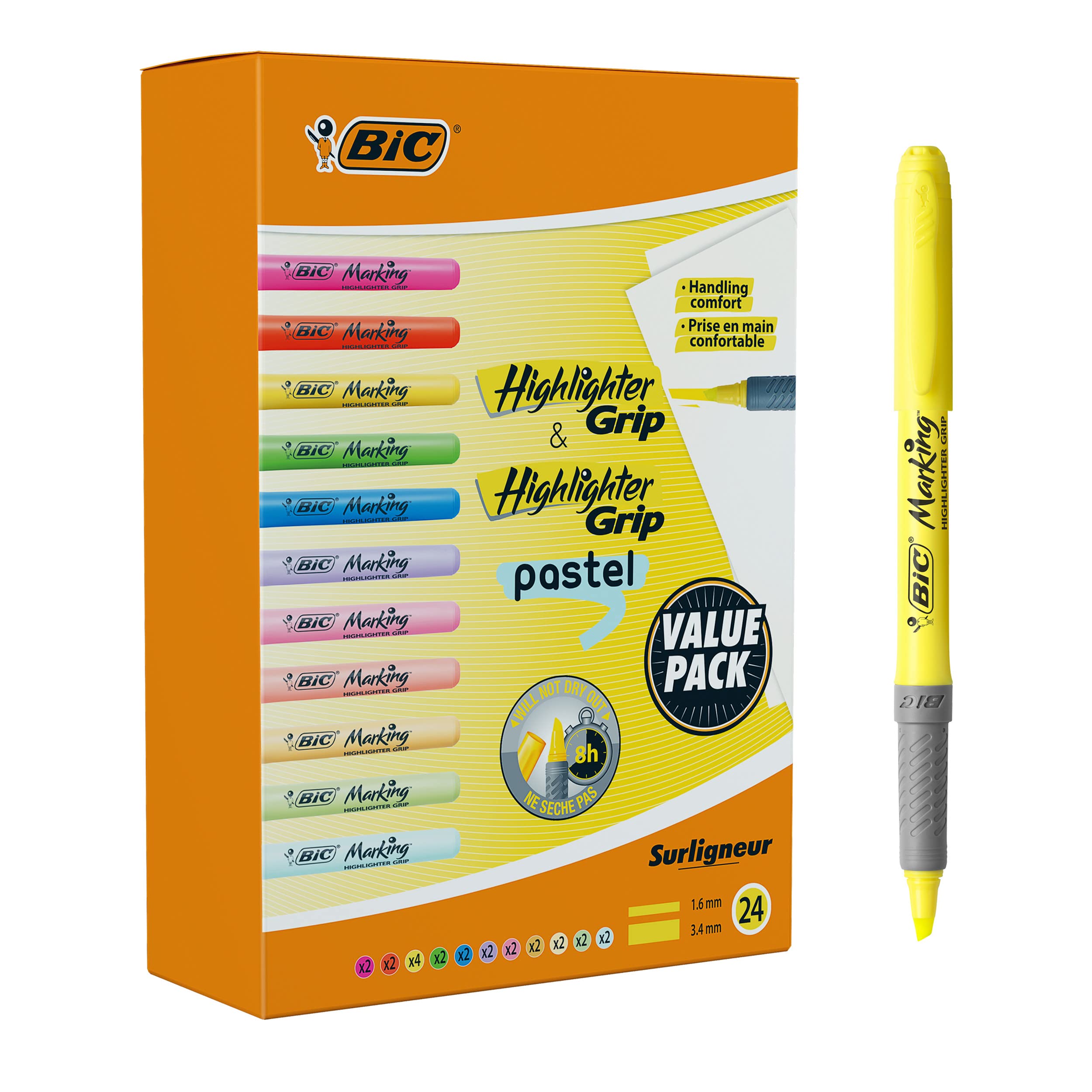 BIC Highlighters Grip Pastel and Neon Colours - Highlighter Pens Multipack - Stationery Supplies Pack of 24