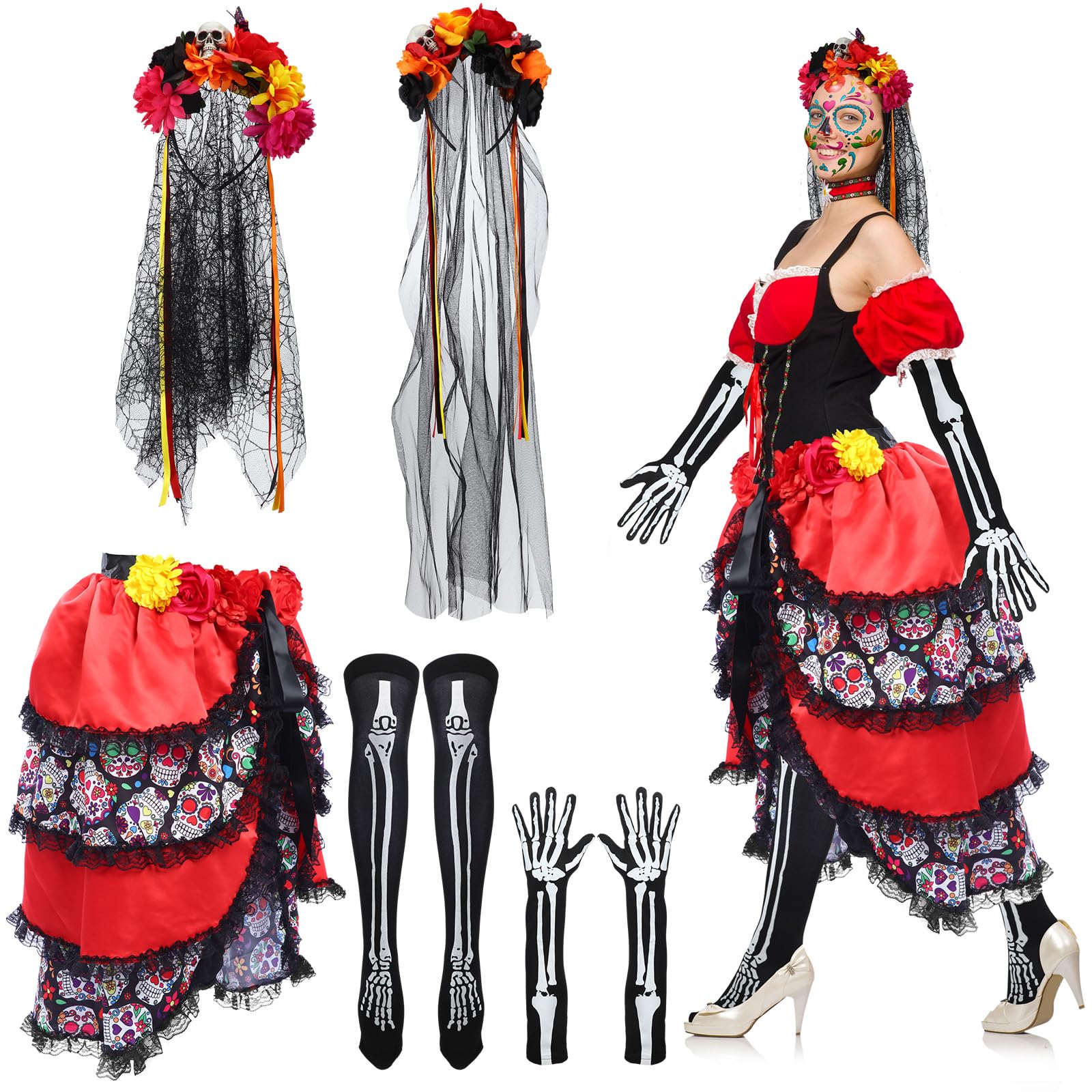 Photo 1 of *************MISSING PIECES***********
Suhine Day of the Dead Women Costume Set Include Tie on Bustle Skirt Skeleton Stocking Long Arm Gloves Mexican Flower Crown