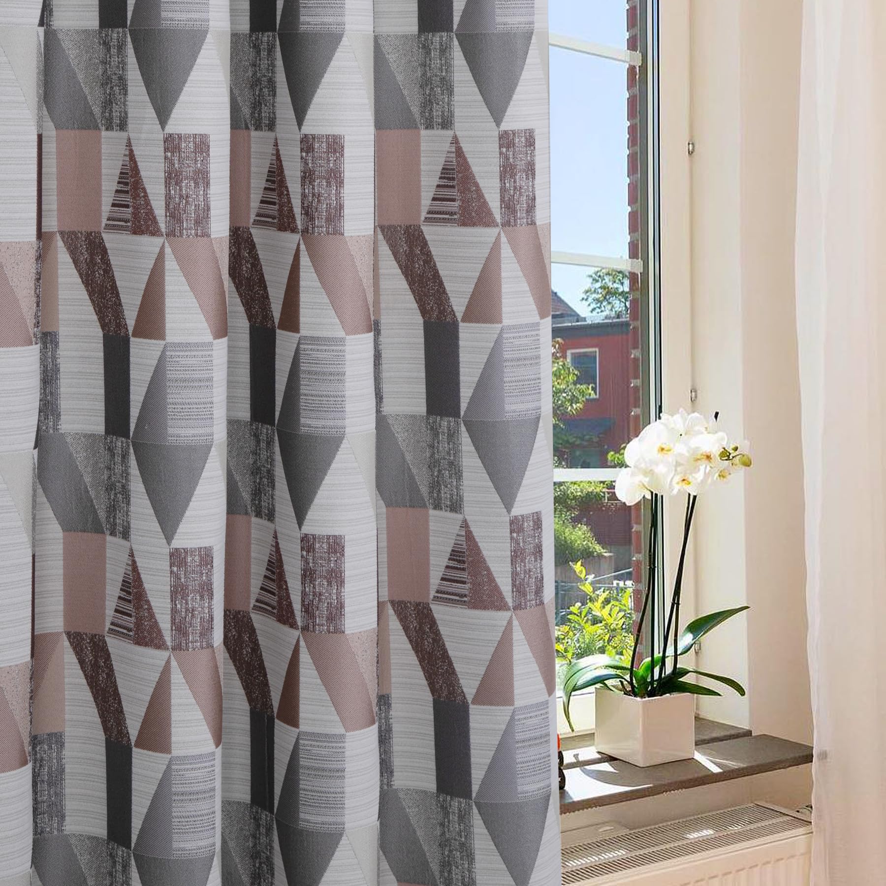 always4u 100% Blackout Curtains Linen Look Modern Geometric Jacquard Curtains Eyelet Thermal Lined Window Treatment for Bedroom 1 Pair Blush W66xL72