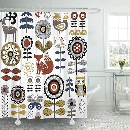 Amazon Com Emvency Shower Curtain Scandinavian Drawing Of Flowers
