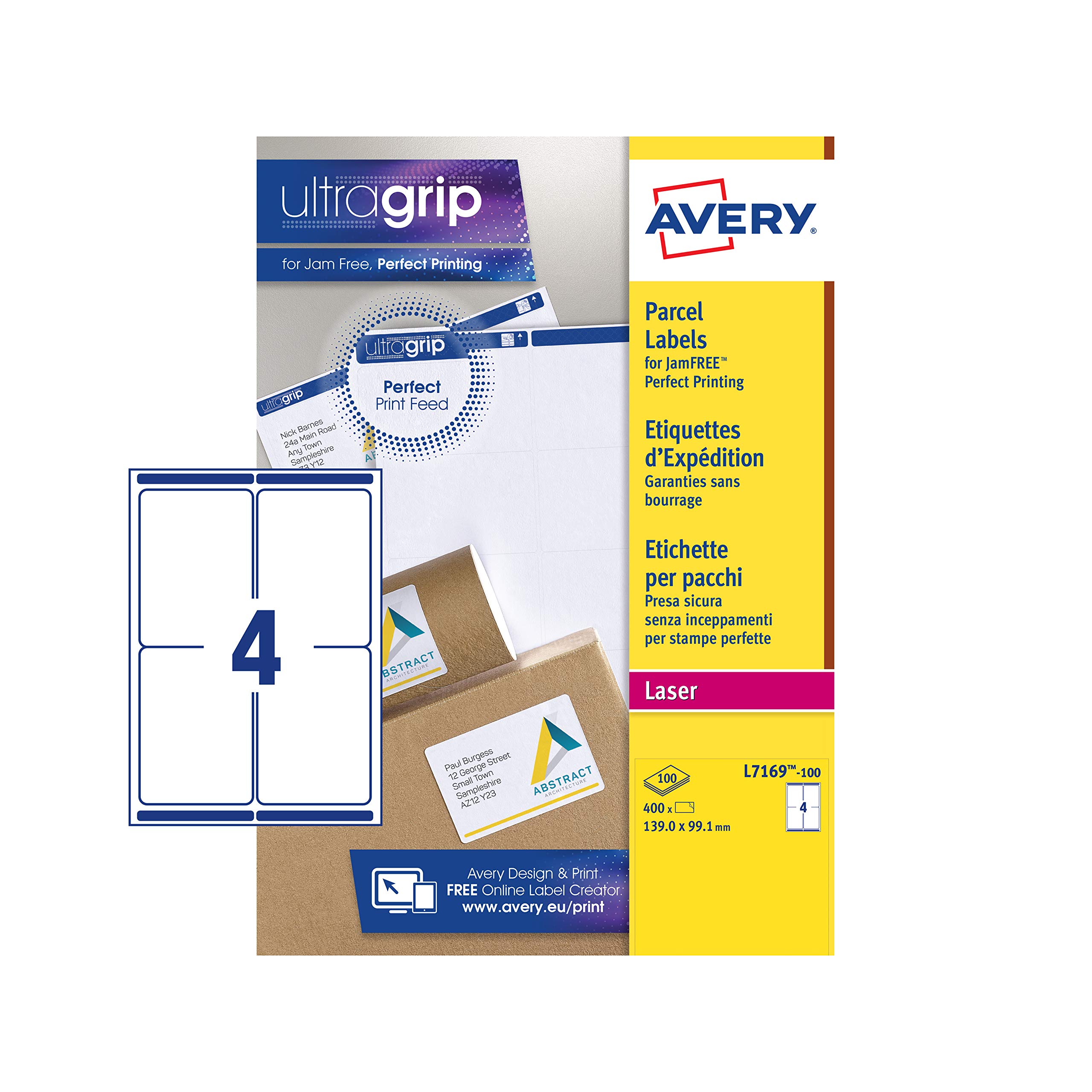Avery JamFREE, Printable, Parcel Labels, Customisable, 139 x 99.1 mm, White, 4 per Sheet, 400 Blank Labels per Pack (L7169-100)