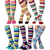 Jeere 6 Pairs Rainbow Knee High Toe Socks for Women Girls Winter Lgbt Pride Striped Long Thigh Cotton Socks with Toes Separated Adult Leg Warmer for Valentine's Day Gift