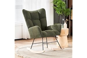 Wrofly Rocking Chair Nursery, Teddy Fabric Upholstered Nursery Rocker Chair with High Backrest Armchair, Comfy Modern Rocking Accent Chair for Nursery Living Room Bedroom Office (Green)