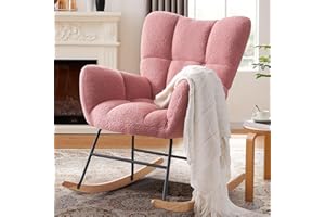 SENYUN Rocking Chair Nursery, Teddy Upholstered Glider Rocking Chair with High Backrest, Gentle & Safe Baby Rocking Chair with Solid Wood Legs,Accent Chair for Nursery,Bedroom,living room (Pink)