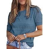 Dokotoo Women's Short Sleeve Sweater Crew Neck Crochet Knit Hollow Out Pullover Top